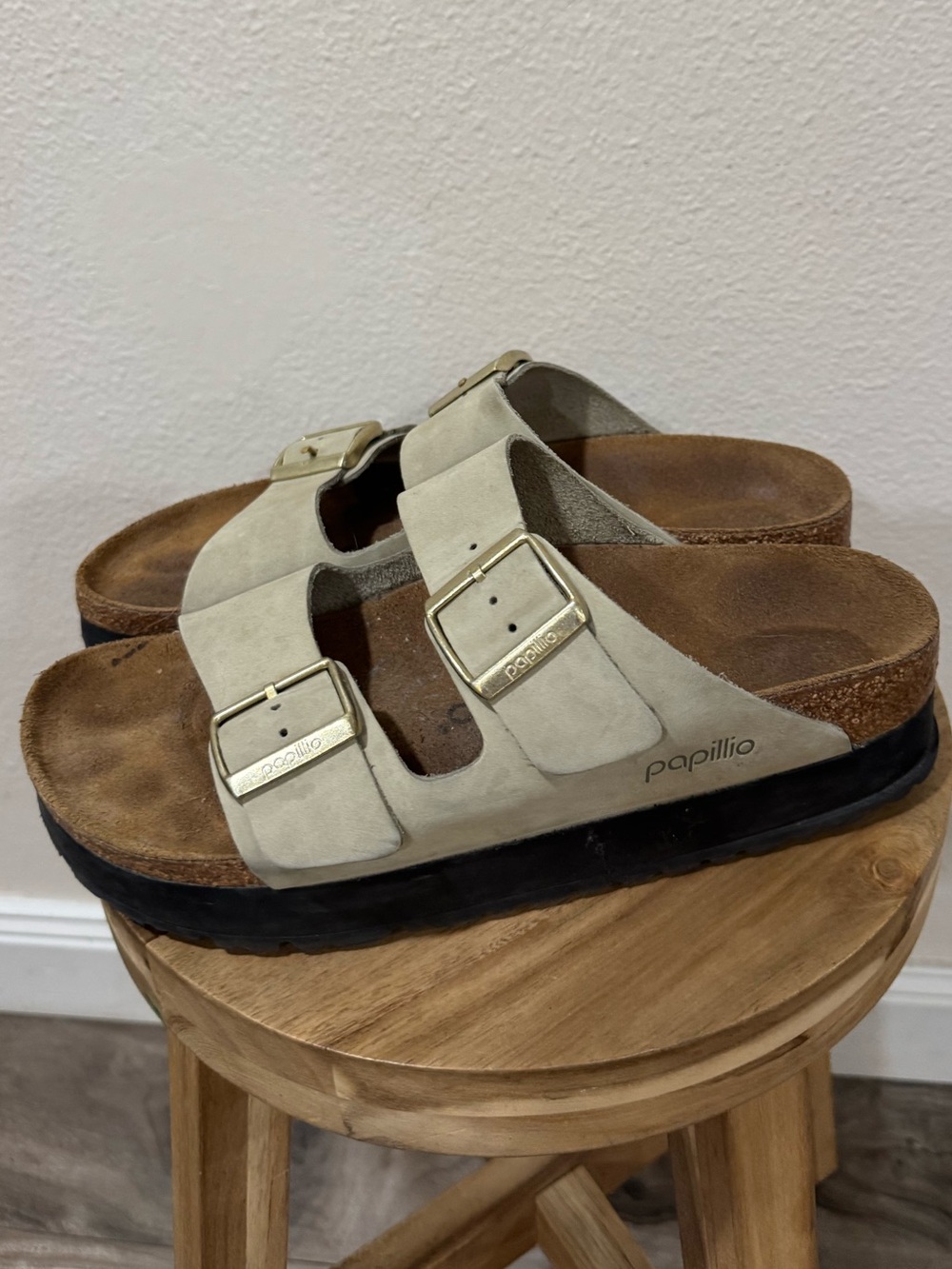 Papillio Khaki Leather Double-Buckle Platform Sandals